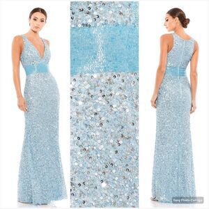 Mac Duggal 4930  Womens Blue Sequin V Neck Sleeveless Column Gown Dress